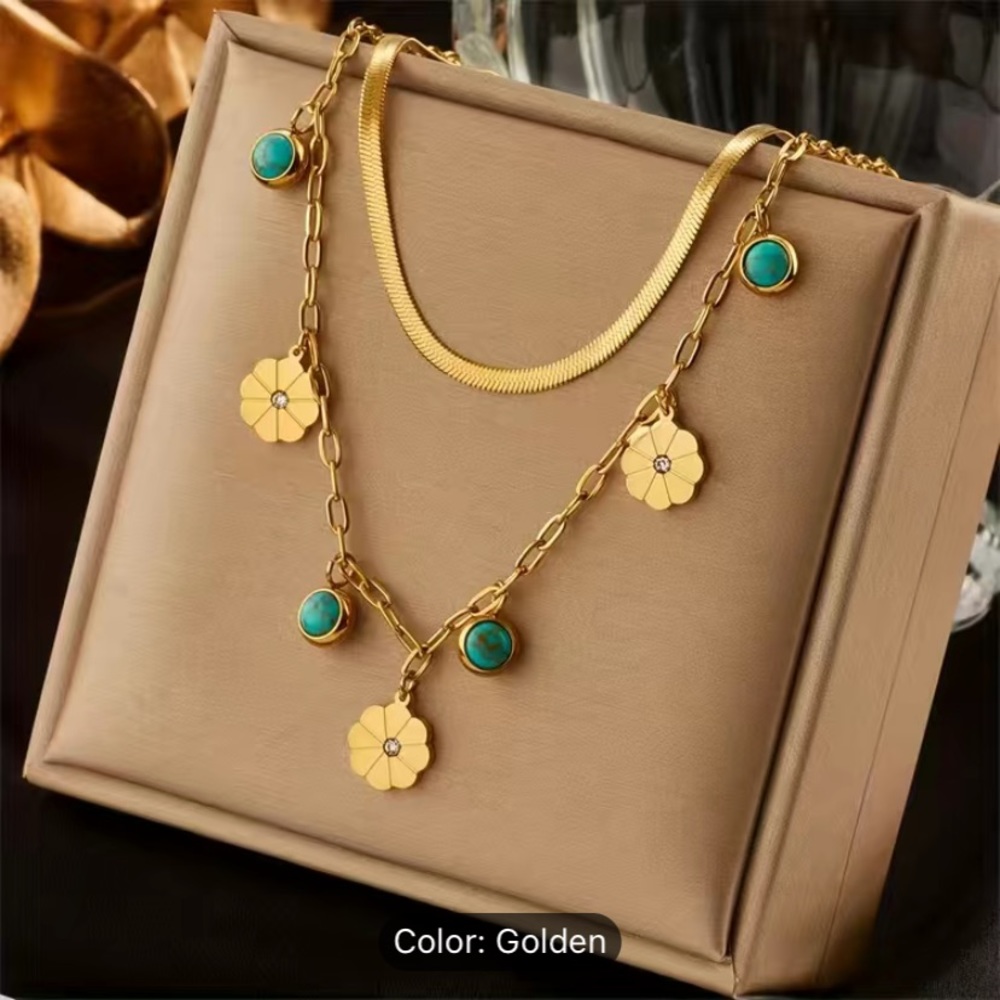 1pc Multi-layered‎ Titanium Steel Round Turquoise & Small Decor Pendant Necklace